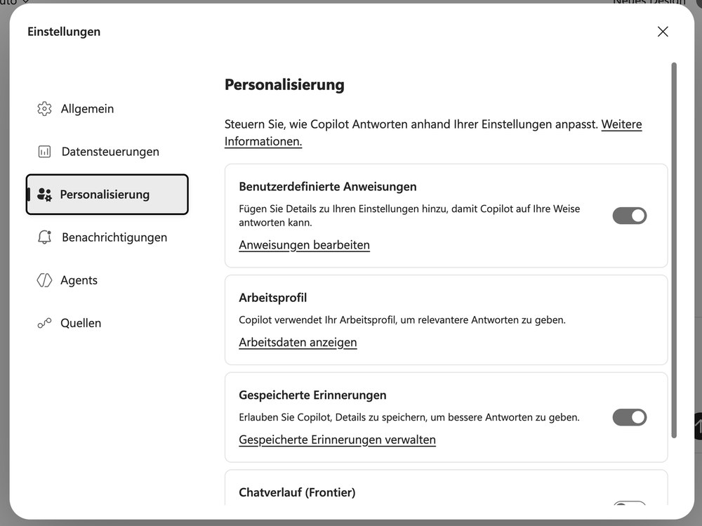Copilot-Einstellungen: Personalisierung und benutzerdefinierte Anweisungen