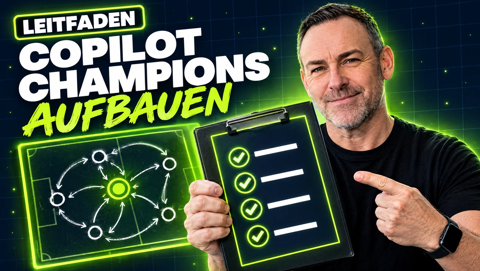 Leitfaden: Copilot Champions aufbauen – Jörg Janßen mit Taktiktafel und Checkliste.