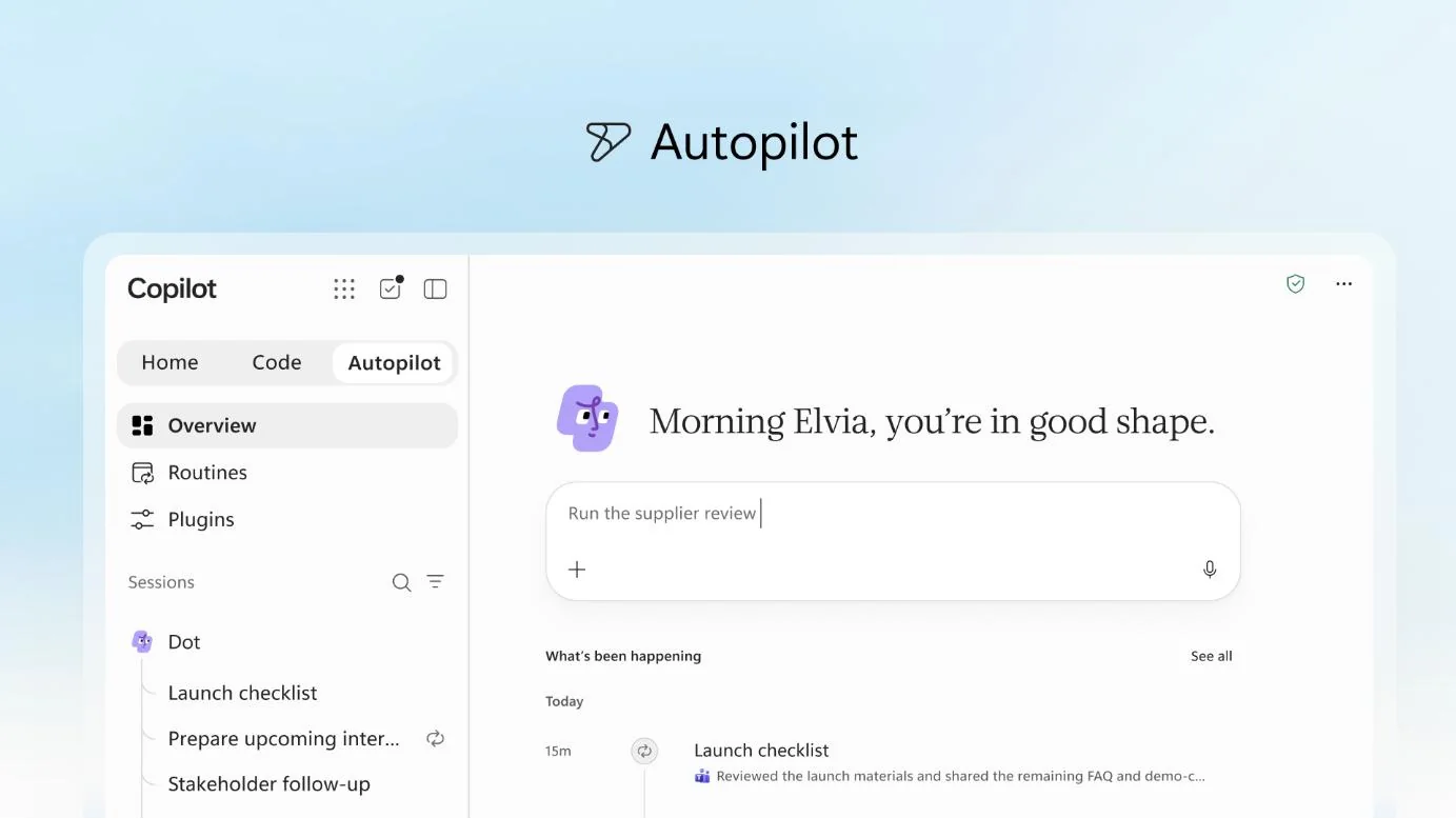 Die Autopilot-Übersicht in Copilot mit laufenden Routinen und Aufgaben.