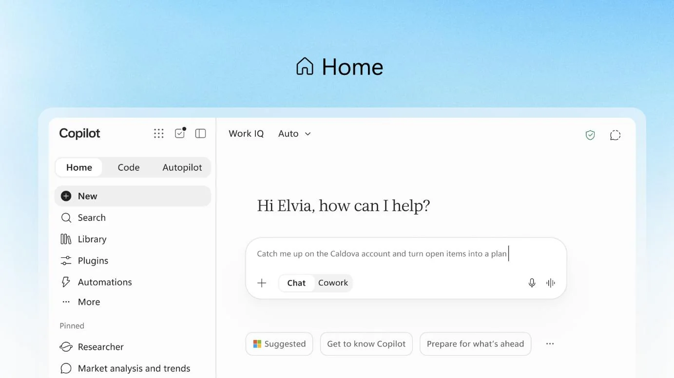 Die neue Home-Ansicht in Copilot mit Chat und Cowork in einem Eingabefeld.