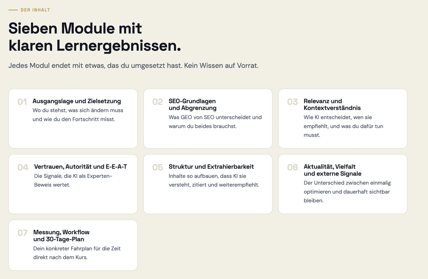 Die sieben Module des Geo-Effekt-Onlinekurses – von Ausgangslage über E-E-A-T bis zum 30-Tage-Plan.