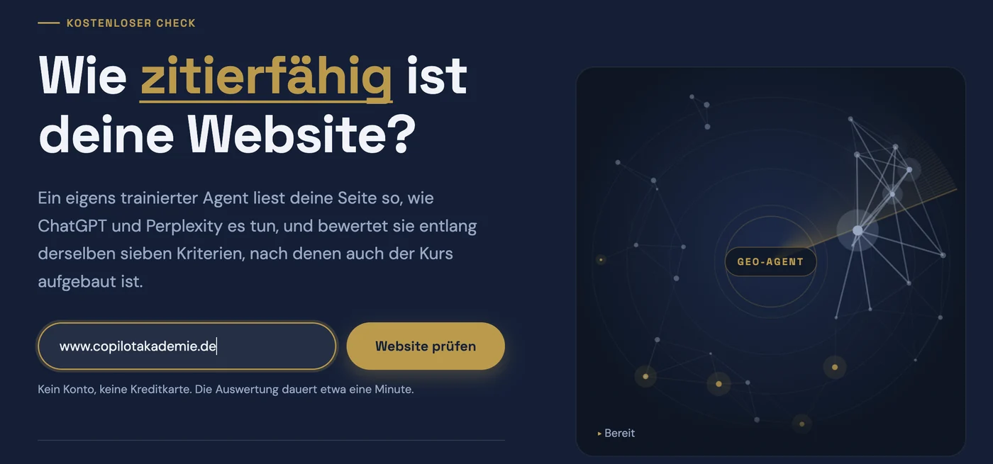 GEO-Score: kostenloser Website-Check auf geo-effekt.de – URL eingeben und Auswertung erhalten.