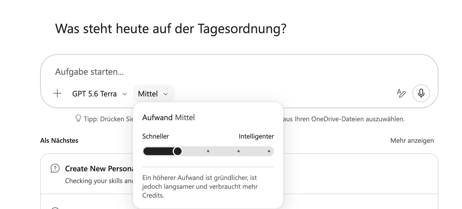 Copilot Cowork mit dem Aufwand-Regler zwischen Schneller und Intelligenter