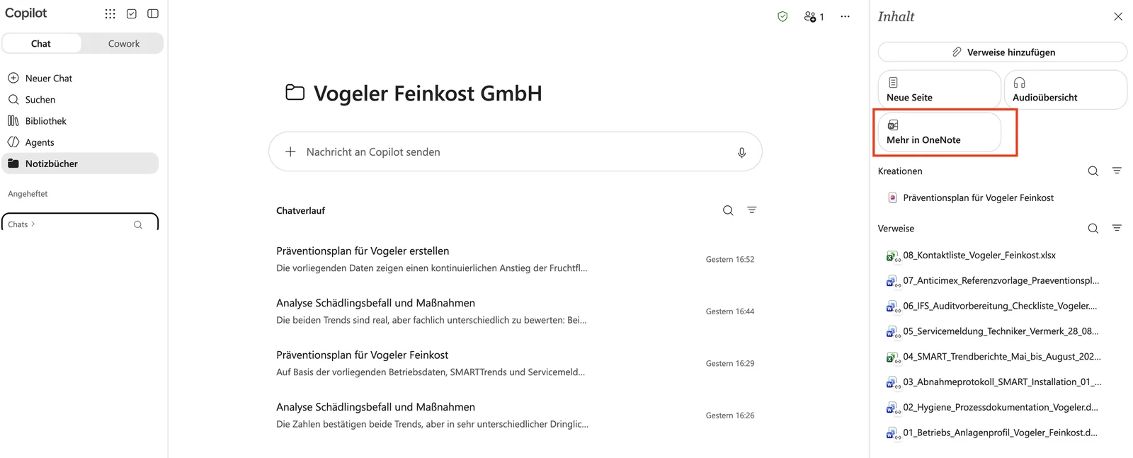Copilot App mit Notizbuechern und der Option Mehr in OneNote