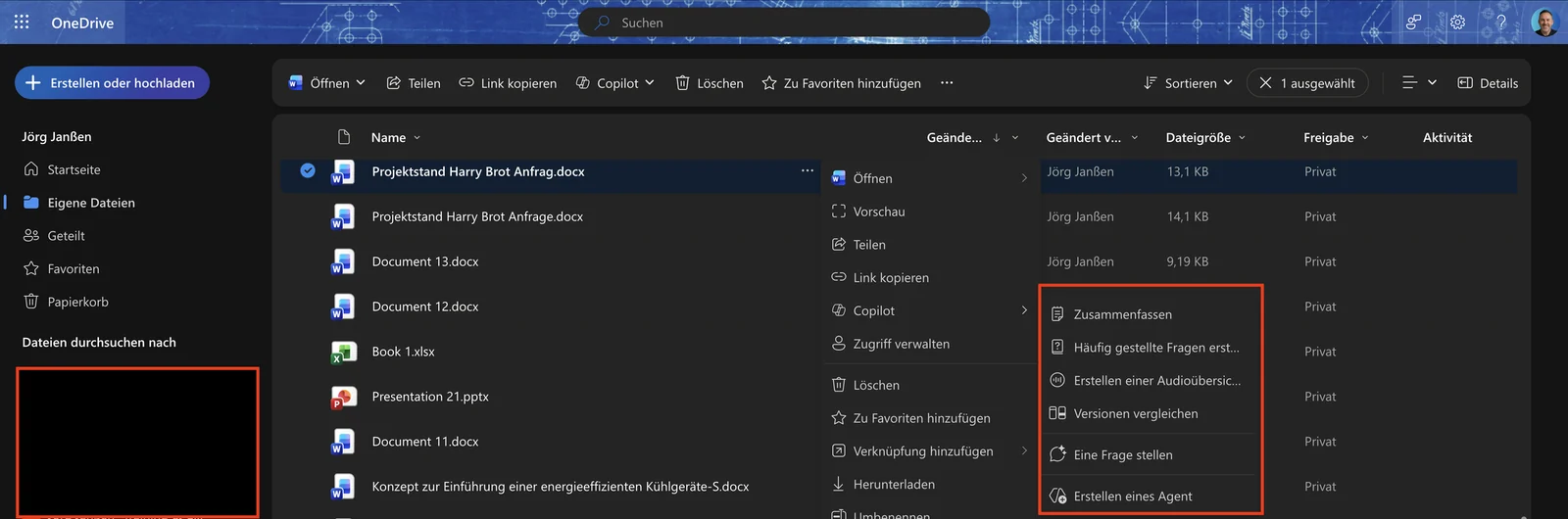 OneDrive Kontextmenue mit Copilot-Aktionen wie Zusammenfassen und Versionen vergleichen