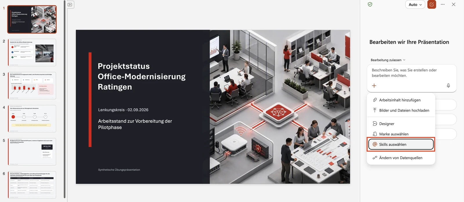 PowerPoint mit Copilot und der Menuepunkt Skills auswaehlen